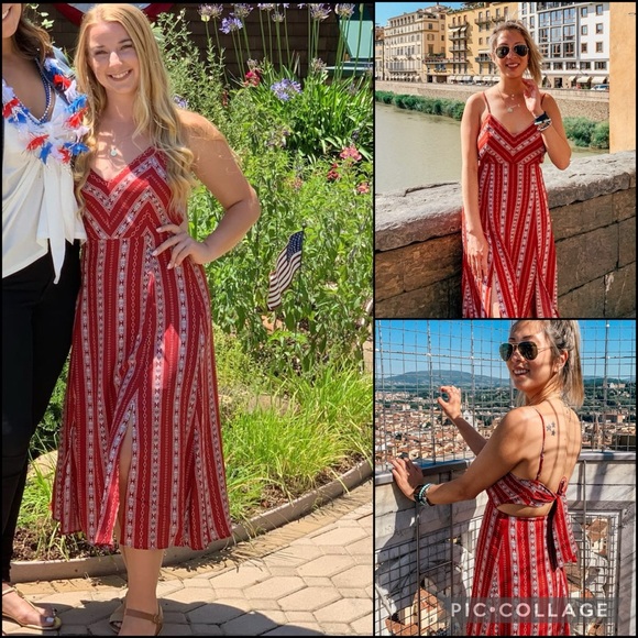 Lulu’s Rust Red Stripe Print Tie Back Side Slit Midi Dress - Picture 8 of 16